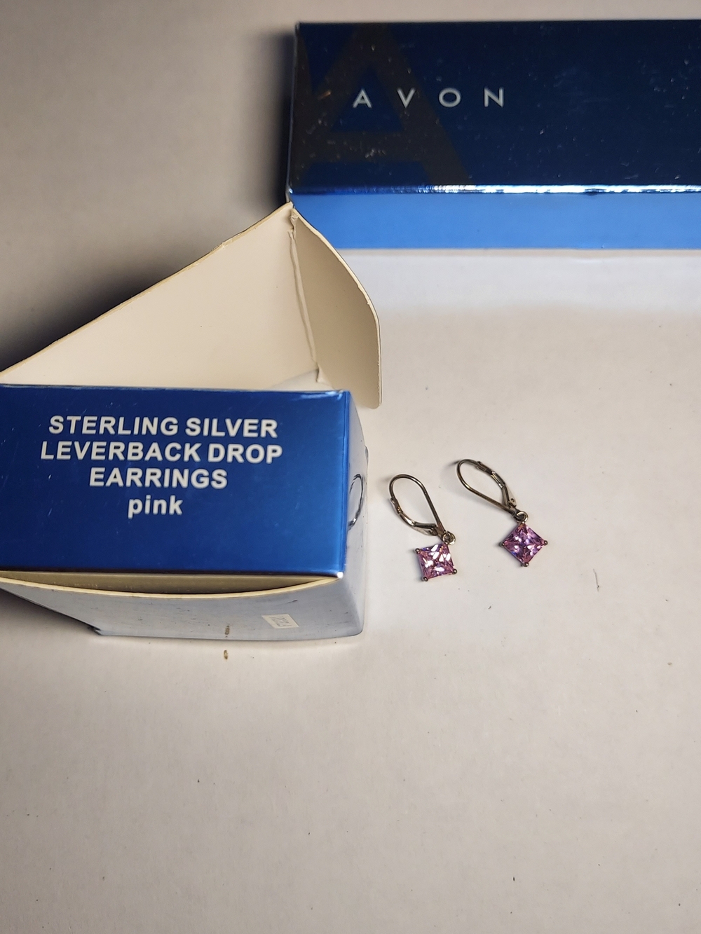 Vintage Avon Sterling Silver Pink Square Drop Leverback Earrings